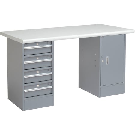 Global Industrial 60 x 30 Pedestal Workbench 4 Drawers & 1 Cabinet, Laminate Safety Edge Gray 607624